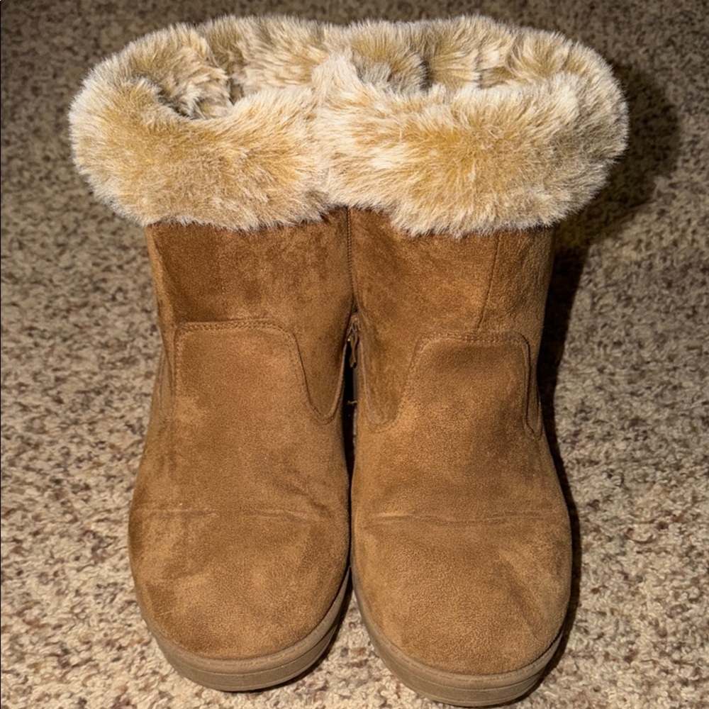 Women's Faux Fur Cuff Suede Winter Boots - Brown